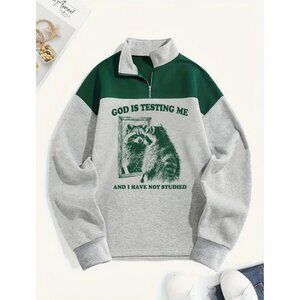 Long Sleeve Raccoon Print Collared Pullover Sweatshirt